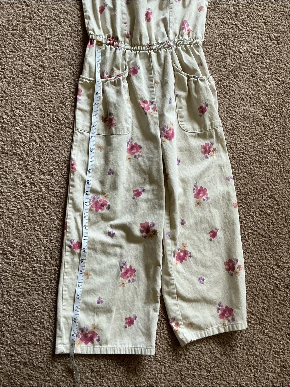 Oshkosh B’Gosh Girls Size 8/8A Floral Wide Leg Jumpsuit Cream Pink Pockets